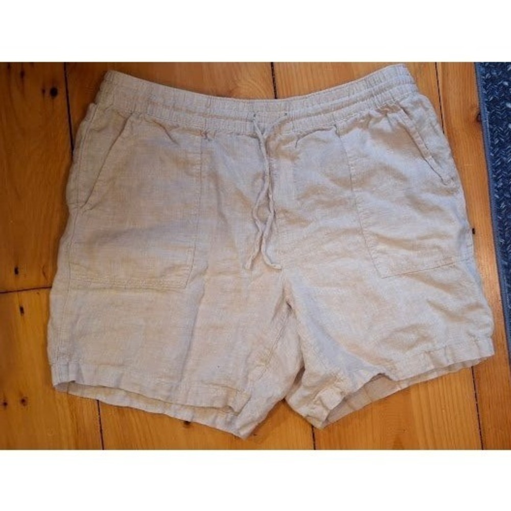 Lands' End Womens Linen High Rise Drawstring Shorts Beige Oatmeal Large 14-16